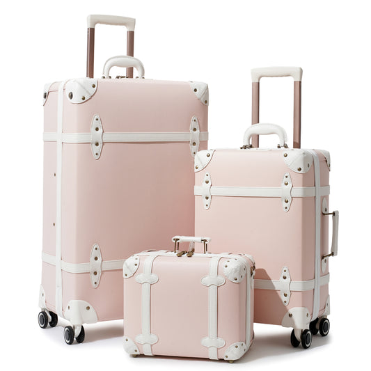 NZBZ Vintage Luggage Sets Retro Suitcase Luxury Cute Designer Trunk Luggage with Wheels and TSA Lock for Men and Women 3 Pieces (Pink, 14inch & 20inch & 28inch)