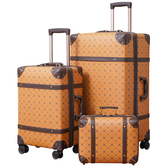 NZBZ Vintage Luggage Sets for Men and Women Retro Suitcase Trunk Luggage 3 Pieces with TSA Lock (Tan Pattern, 14inch+20inch+28inch)
