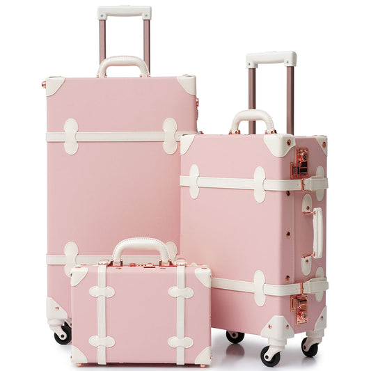universal trotter Vintage Style Luggage Set 3 Piece, TSA Lock, Spinner Wheel, 26" Check-In, 20" Carry-On, 12" Boarding Tote(Pink)