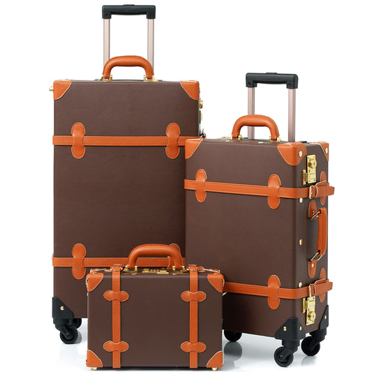 universal trotter Vintage Style Luggage Set 3 Piece, TSA Lock, Spinner Wheel, 26" Check-In, 20" Carry-On, 12" Boarding Tote(Brown)