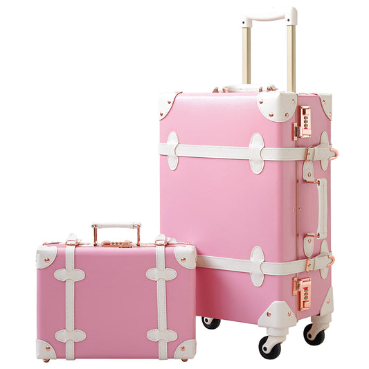urecity vintage suitcase set for women, vintage luggage sets for women 2 piece, cute designer trunk luggage, retro suit case Bright Pink