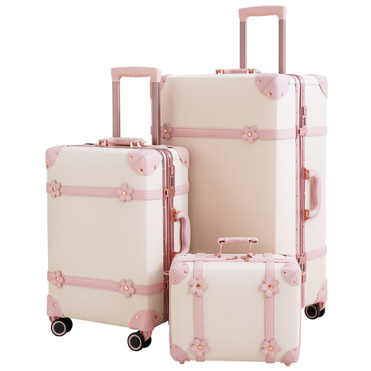 NZBZ Cute Vintage Luggage Sets with TSA Lock 3 Piece Luxury Retro Trunk Hardside Trolley Suitcase for Women (28+20+14 3set）White