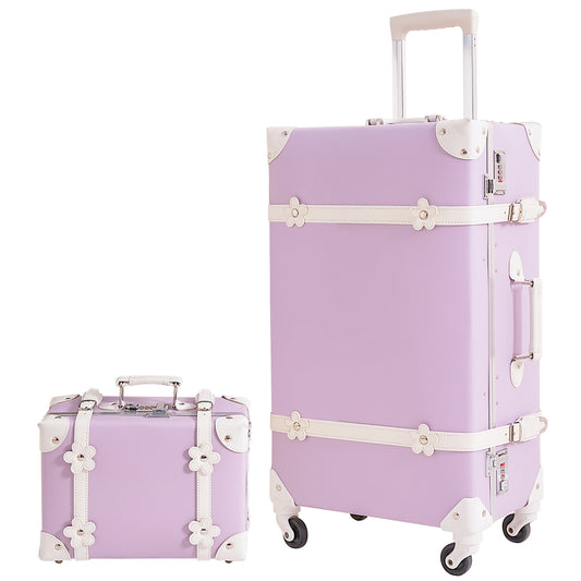 urecity vintage suitcase set for women, vintage luggage sets for women 2 piece, cute designer trunk luggage, retro suit case  Purple flower