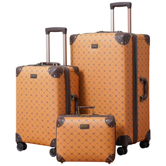 NZBZ Vintage Luggage Sets for Men and Women Retro Suitcase Trunk Luggage 3 Pieces with TSA Lock (Tan Pattern with NZBZ, 14inch & 20inch & 28inch)