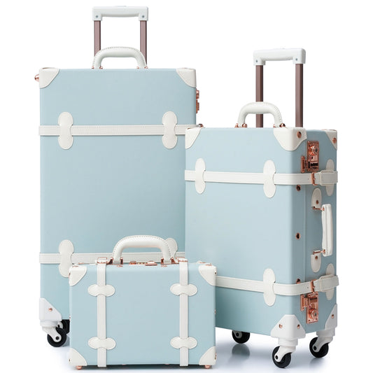 universal trotter Vintage Style Luggage Set 3 Piece, TSA Lock, Spinner Wheel, 26" Check-In, 20" Carry-On, 12" Boarding Tote(Light blue)