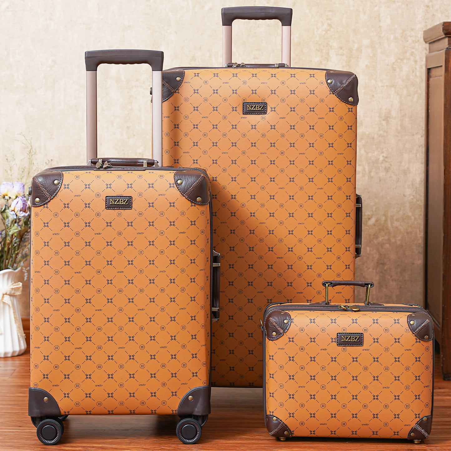 NZBZ Vintage Luggage Sets for Men and Women Retro Suitcase Trunk Luggage 3 Pieces with TSA Lock (Tan Pattern with NZBZ, 14inch & 20inch & 28inch)
