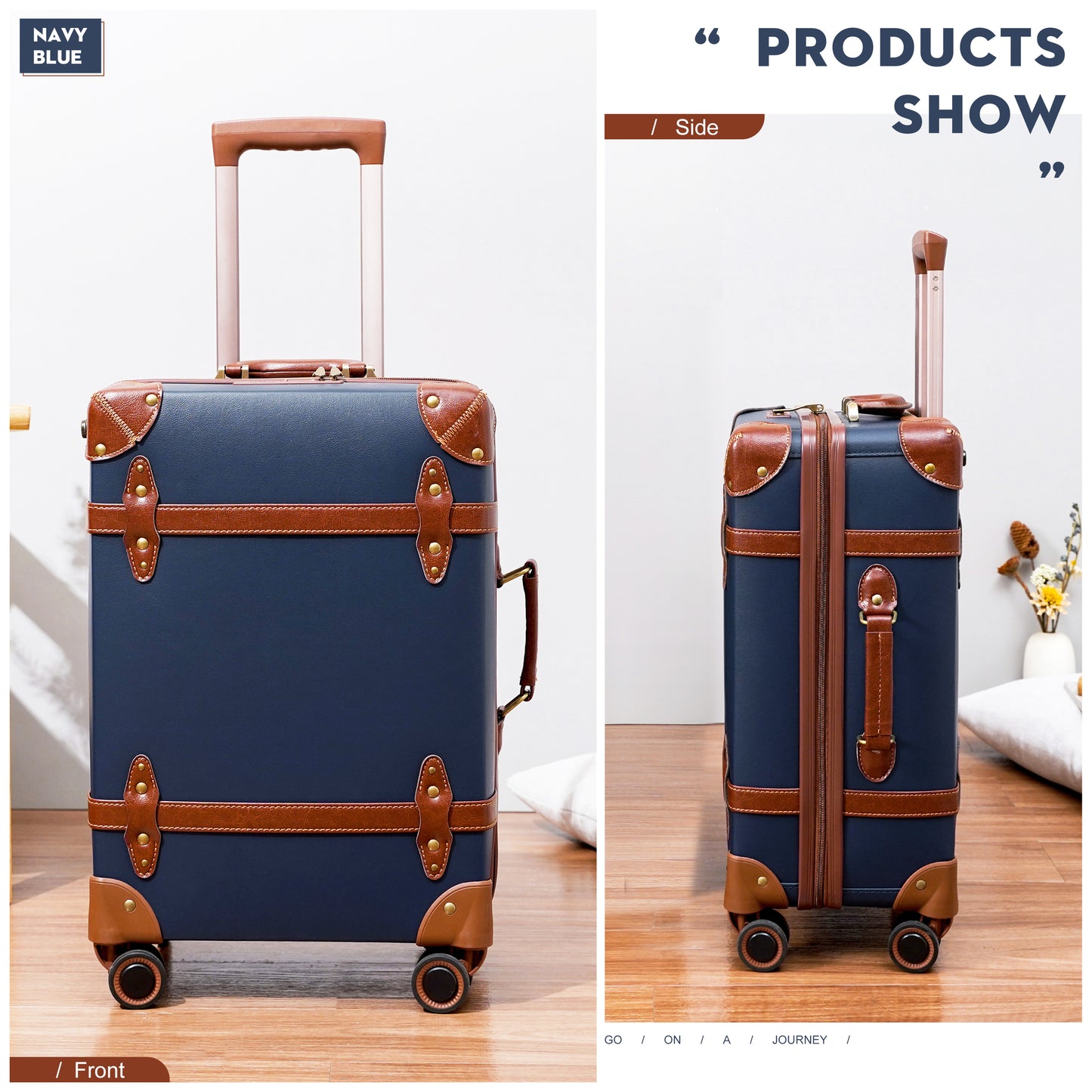 NZBZ Vintage Luggage Sets 3 Pieces Luxury Cute Suitcase Retro Trunk Luggage with TSA Lock for Men and Women (Navy Blue, 14" & 20" & 28")