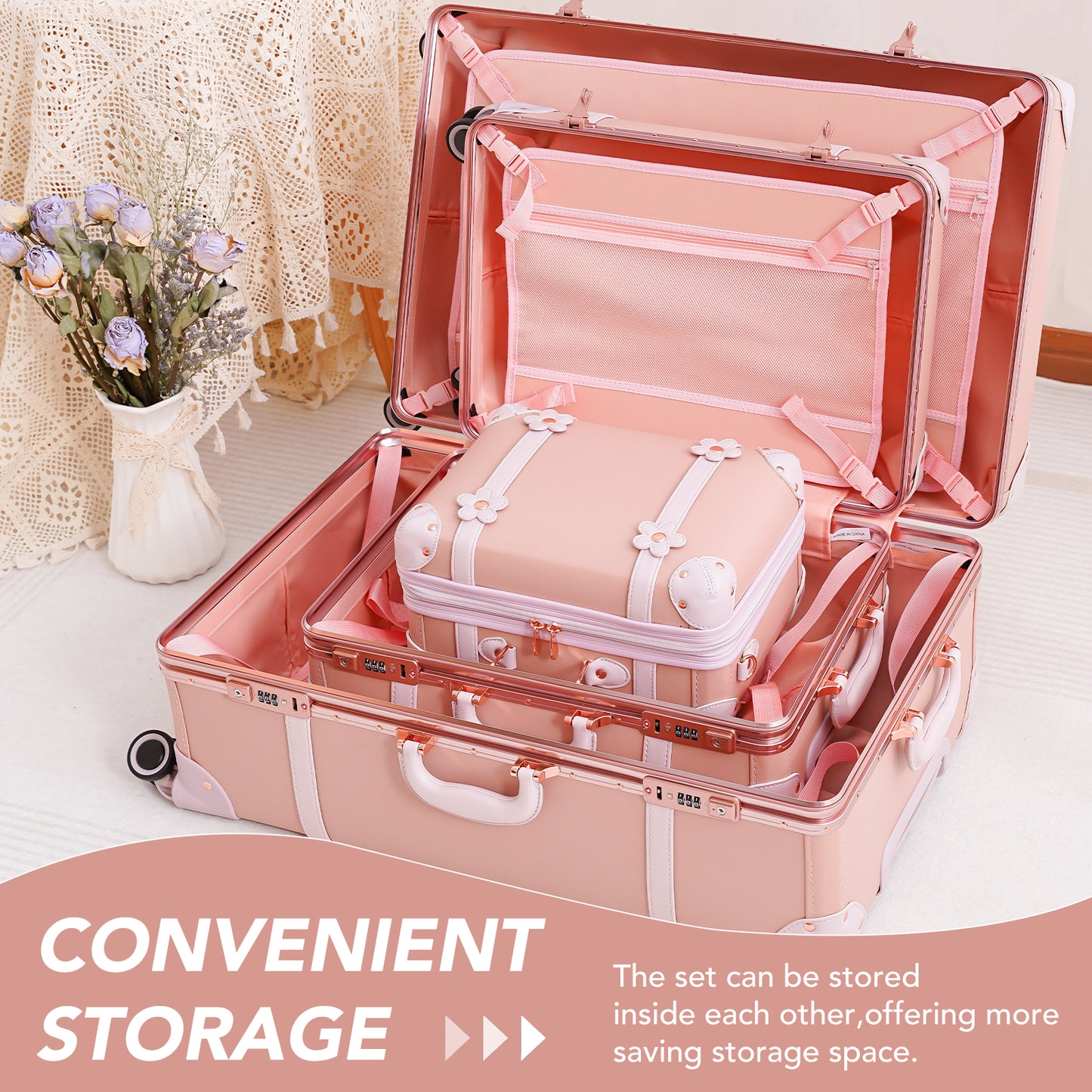 NZBZ Cute Vintage Luggage 3 Sets with TSA Lock  Luxury Retro Trunk  Suitcase for Women (Sakura Pink, 14+20+28）)