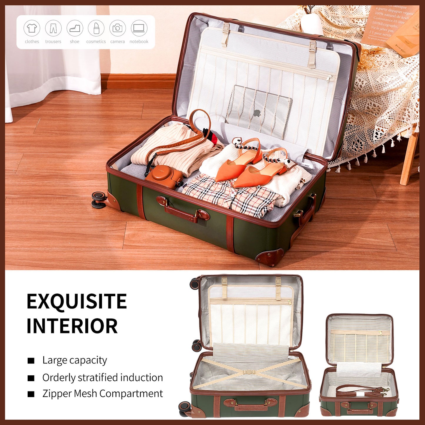 NZBZ Vintage Luggage Sets 3 Pieces Luxury Cute Suitcase Retro Trunk Luggage with TSA Lock for Men and Women (Dark Green, 14" & 20" & 28")