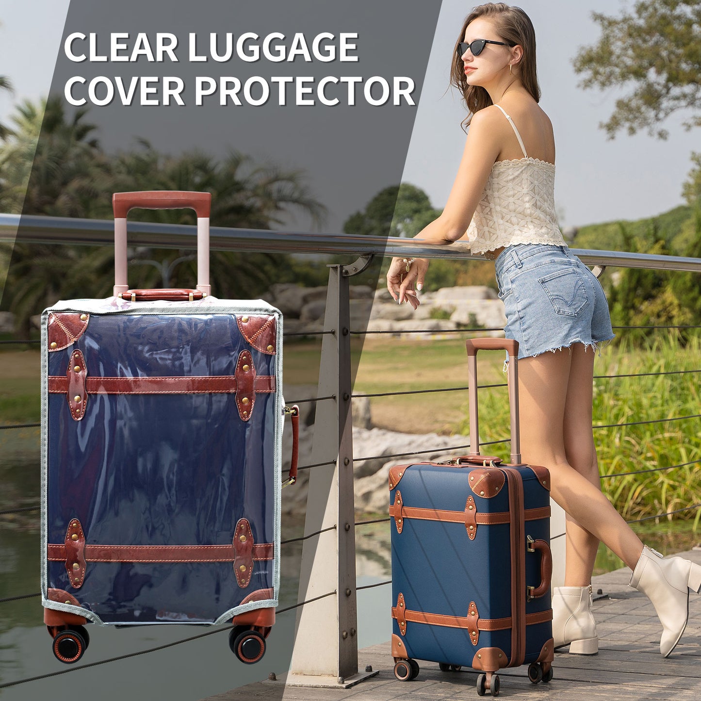 NZBZ Vintage Luggage Sets 3 Pieces Luxury Cute Suitcase Retro Trunk Luggage with TSA Lock for Men and Women (Navy Blue, 14" & 20" & 28")