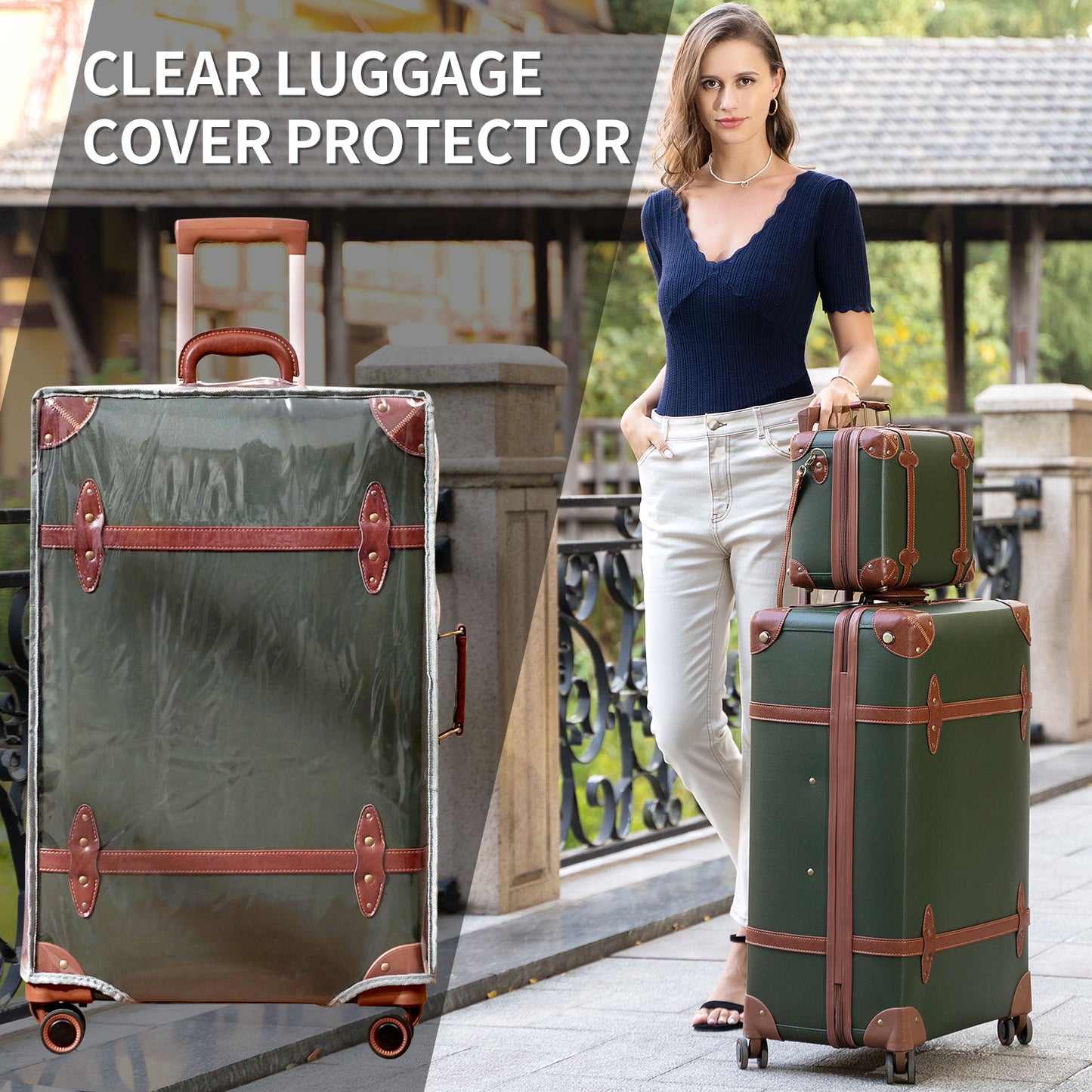 NZBZ Vintage Luggage Sets 3 Pieces Luxury Cute Suitcase Retro Trunk Luggage with TSA Lock for Men and Women (Dark Green, 14" & 20" & 28")