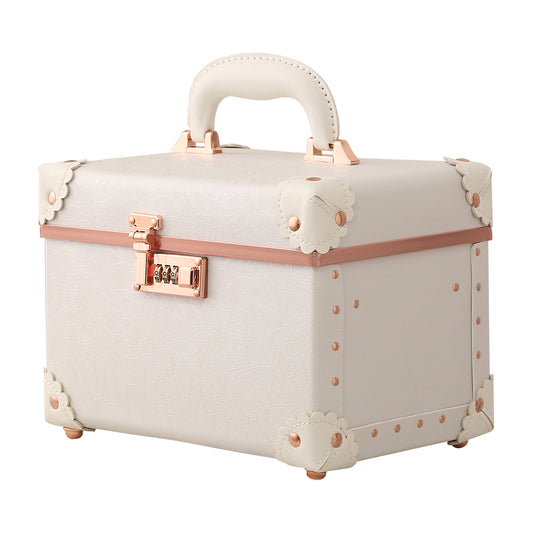 Urecity Make-up box Cosmetic Organizer Case Leather Storage Box with Combination Lock Pink embossing