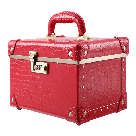 Urecity Vintage Handcrafted Makeup Case with Password Lock - Women's Cosmetic Organizer, Red Crocodile Pattern, Portable Travel Vanity Box