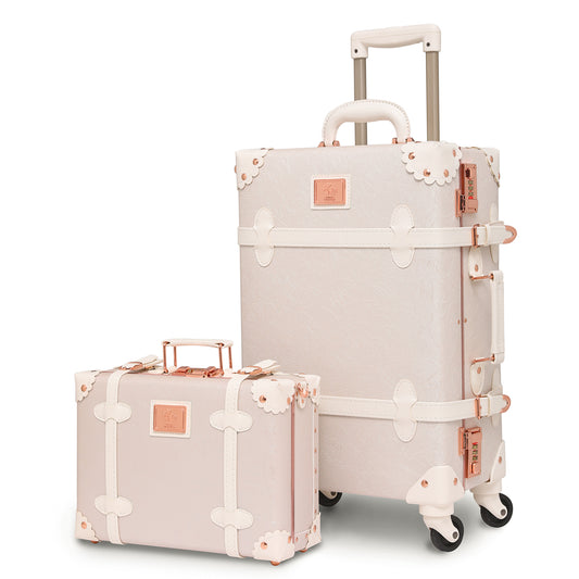 urecity Vintage Suitcase Set for Women - 2-Piece Vintage Luggage Sets, Cute Designer Trunk Luggage in Retro Rose White 20-Inch And 26-Inch