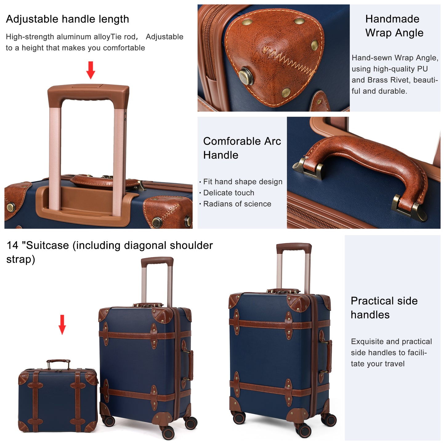 NZBZ 3 Pieces Vintage Luggage Set Carry On Cute Suitcase with Rolling Spinner Wheels and Tsa Lock Retro Trunk luggage