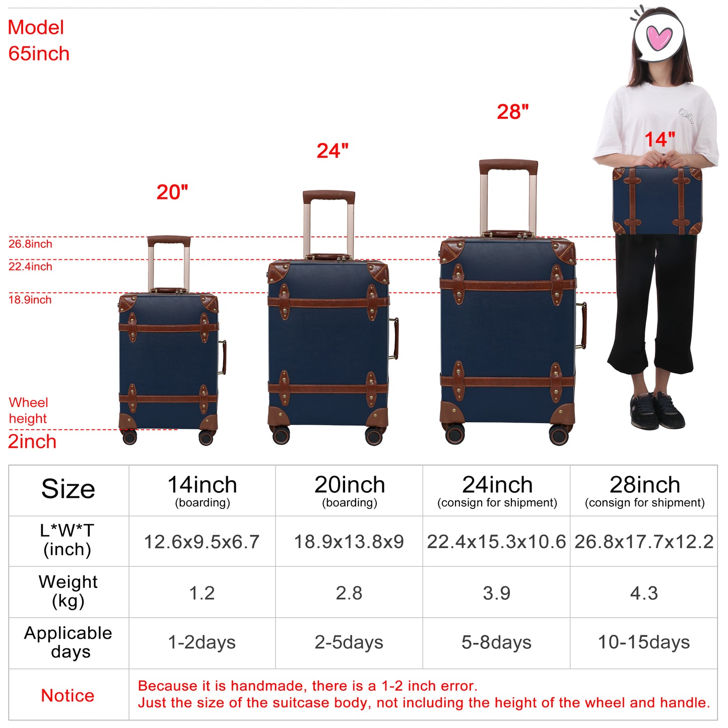 NZBZ 3 Pieces Vintage Luggage Set Carry On Cute Suitcase with Rolling Spinner Wheels and Tsa Lock Retro Trunk luggage