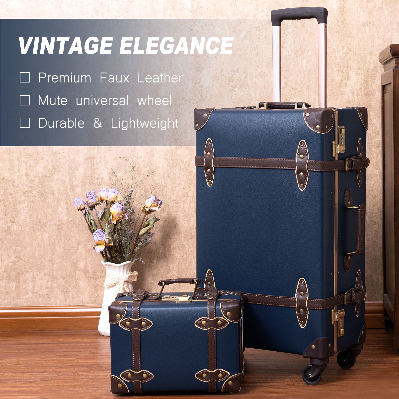 NZBZ Vintage Luggage Sets 3 Pieces Luxury Cute Suitcase Retro Trunk Navy Blue