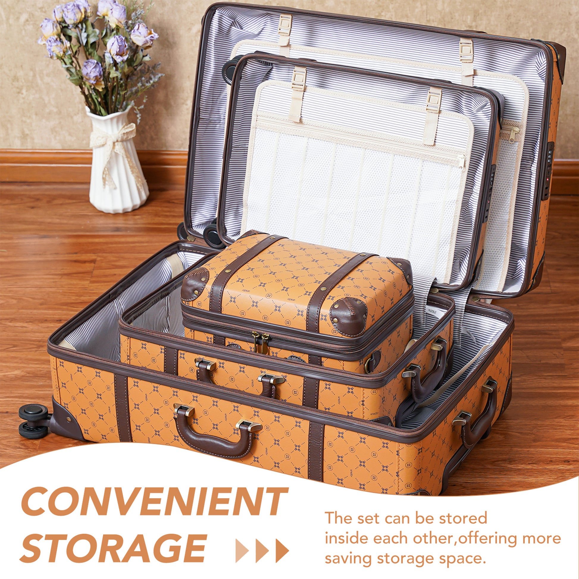 NZBZ Vintage Luggage Sets Retro Suitcase Trunk Luggage With TSA Lock 3  Pieces (Knight Gold, 14inch & 20inch & 28inch)