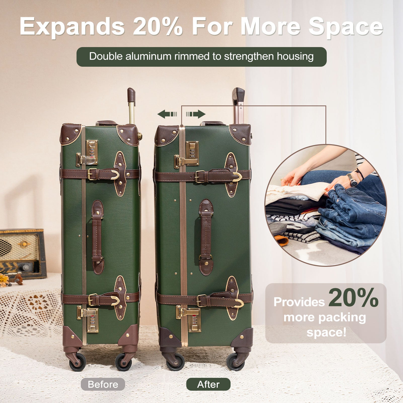 urecity Vintage Luggage Set of 2, Retro Suitcase Trunk with Wheels for Men  and Women, Cute Designer Travel Luggage Set with Boarding Tote