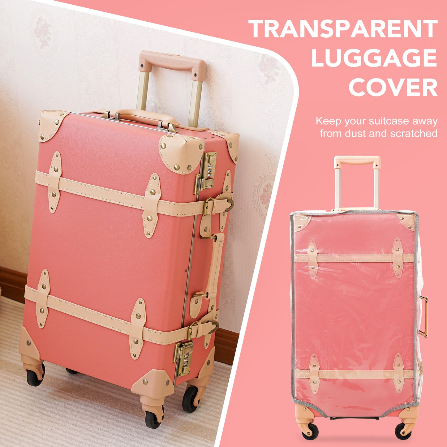 urecity vintage suitcase set for women, vintage luggage sets for women 2  piece, cute designer trunk luggage, retro suit case (Bright Pink, 26+12)