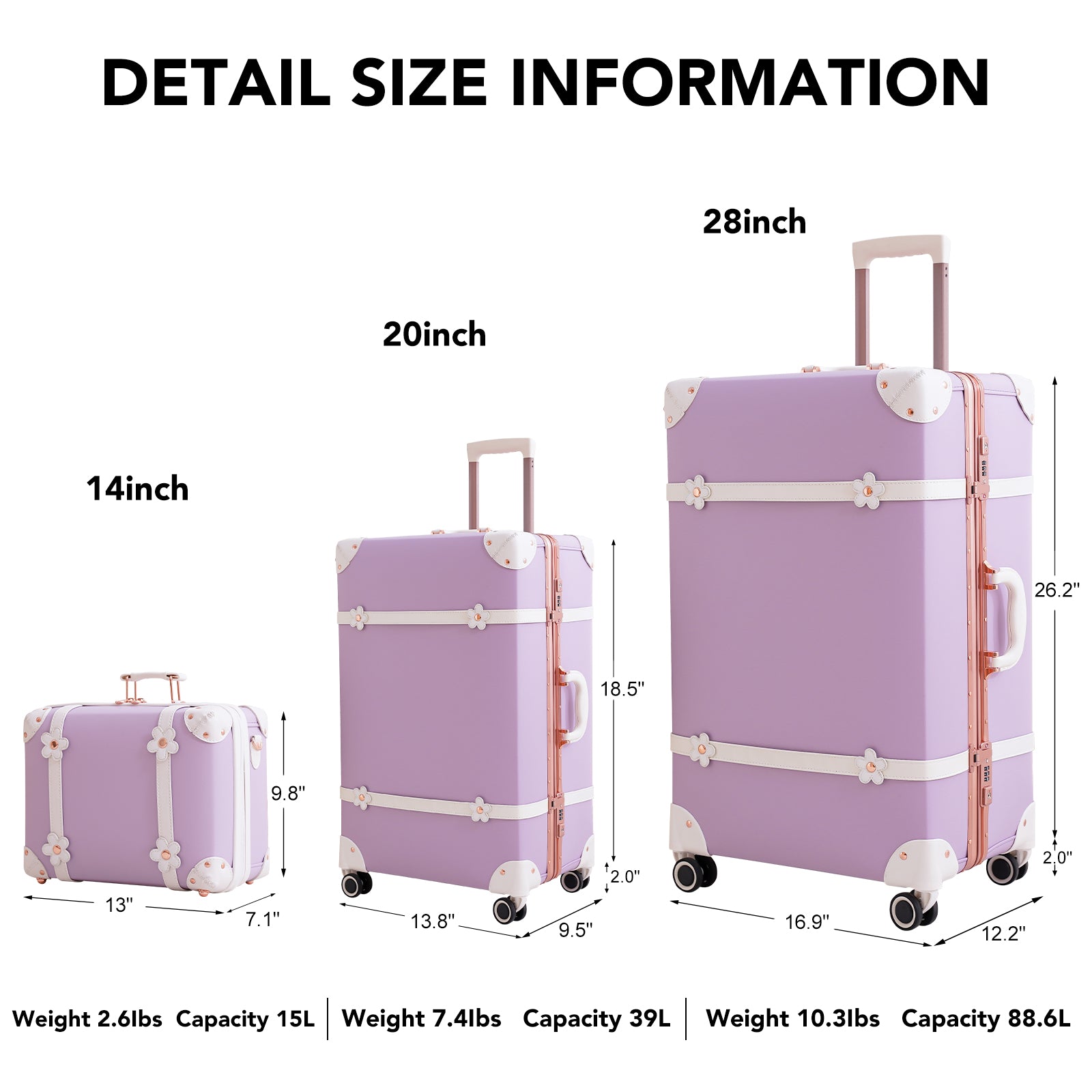 NZBZ Cute Vintage Luggage Sets with TSA Lock 3 Piece Luxury Retro Trunk  Hardside Trolley Suitcase for Women (Purple, 14inch & 20inch & 28inch)