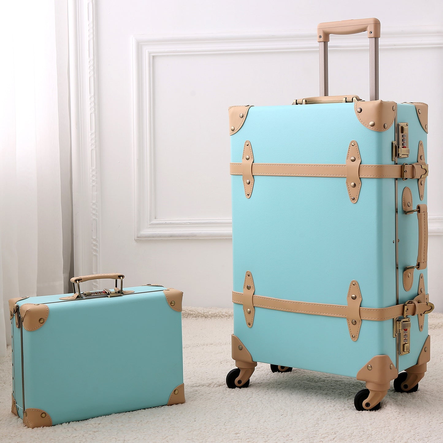Urecity Pu Spinner Suitcase Grey 2 Piece Vintage Trunk Luggage Set